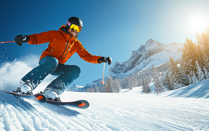 Mann genießt Skifahren in den Bergen in schöner Winterlandschaft