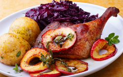 Gebackene Entenkeule mit Rotkohl, Klößen und Apfelscheiben auf einem weißen Teller.