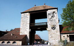 Das Bild zeigt das Deutsche Weintor in Schweigen-Rechtenbach in der Pfalz, Deutschland. Es ist ein großes steinernes Tor mit einem zentralen Durchgang und Verzierungen, darunter ein Schild mit einem Adler. Rechts vom Tor ist ein Baum zu sehen, während links Gebäude mit roten Ziegeldächern erkennbar sind.