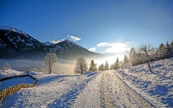 Schneebedeckte Landschaft mit einem Feldweg, Berge im Hintergrund, Bäume und klarer blauer Himmel mit Sonnenschein.