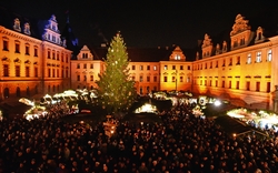 Schlosshof bei Nacht beleuchtet für einen Weihnachtsmarkt mit einem großen geschmückten Weihnachtsbaum in der Mitte, umgeben von zahlreichen Menschen und erleuchteten Marktständen.