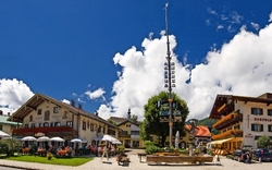 Ortszentrum mit Maibaum, umliegenden Gebäuden und blühenden Pflanzen bei sonnigem Wetter.