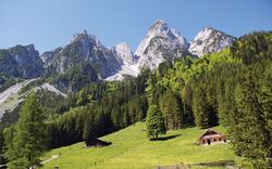 Almhütten in einer grünen Berglandschaft mit beeindruckenden Gipfeln im Hintergrund.