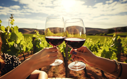 Zwei Gläser Rotwein werden im Weinberg angestoßen.
