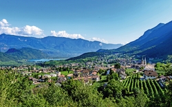 Blick auf Kaltern am See mit Weinbergen und Bergen im Hintergrund.