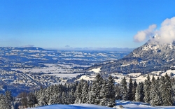 Verschneite Berglandschaft mit Wald im Vordergrund.