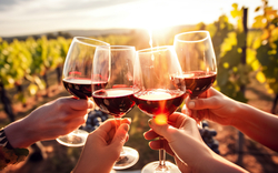Freunde stoßen mit Weingläsern bei Sonnenuntergang in einem Weinberg an.