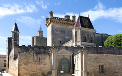 Historische Steinburg mit Türmen und verziertem Dach unter blauem Himmel.